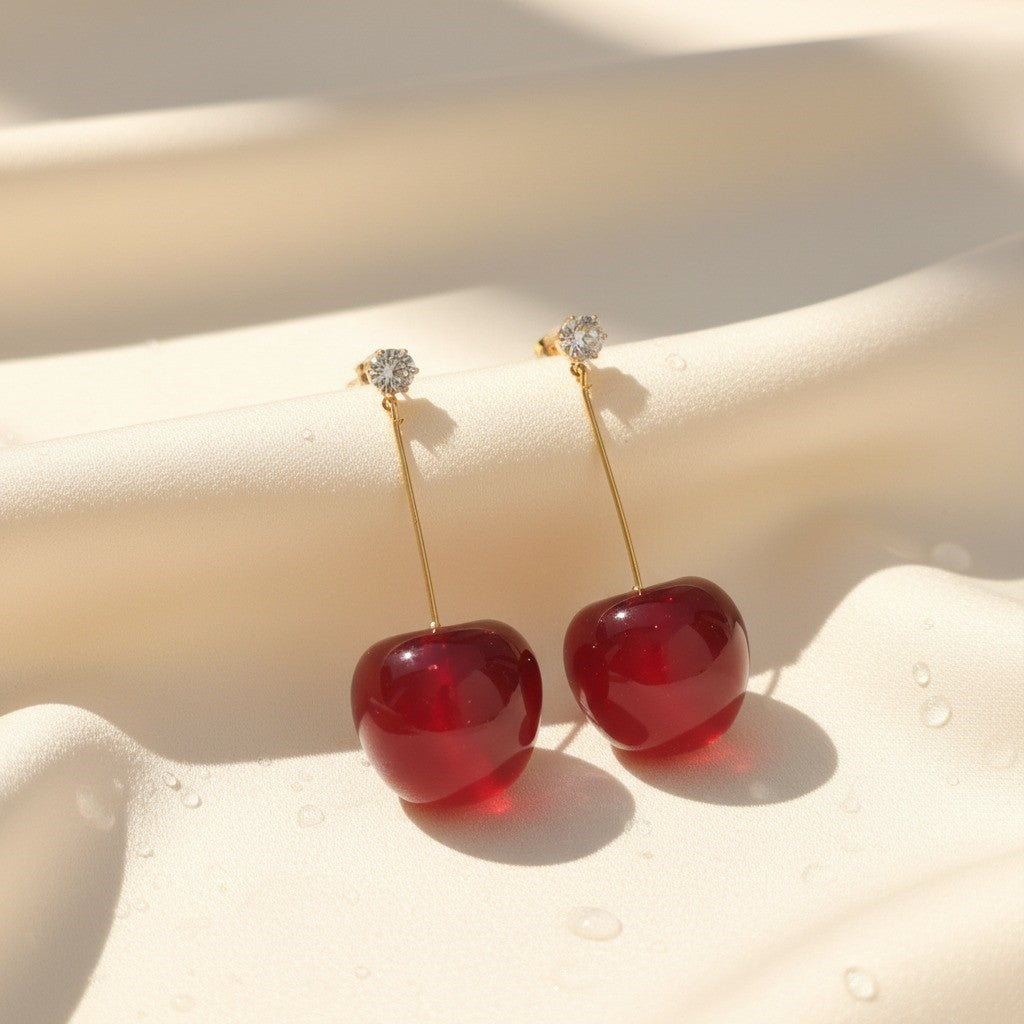 Cherry Drop Earrings – Cute Red Dangle Earrings with Crystal Studs