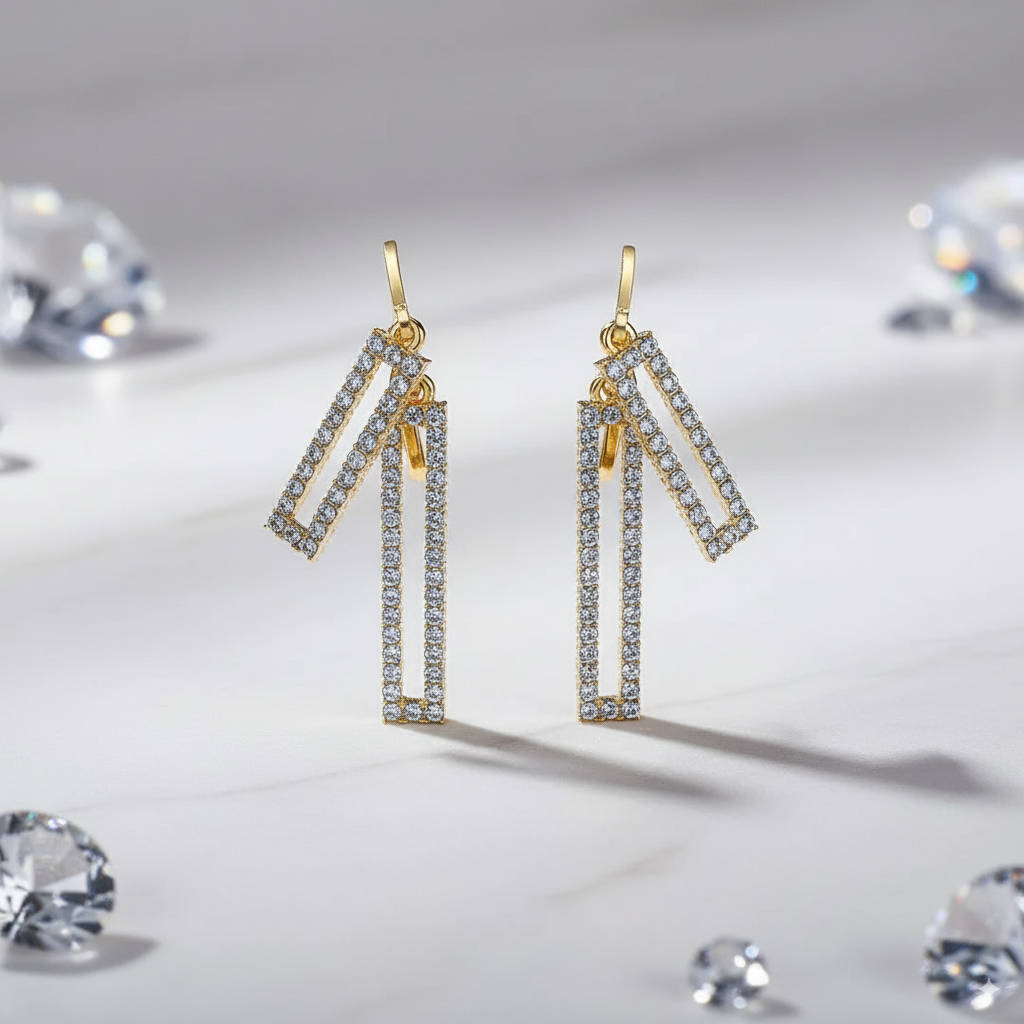 Geometric Crystal Dangle Earrings – Modern Gold-Tone Statement Jewelry
