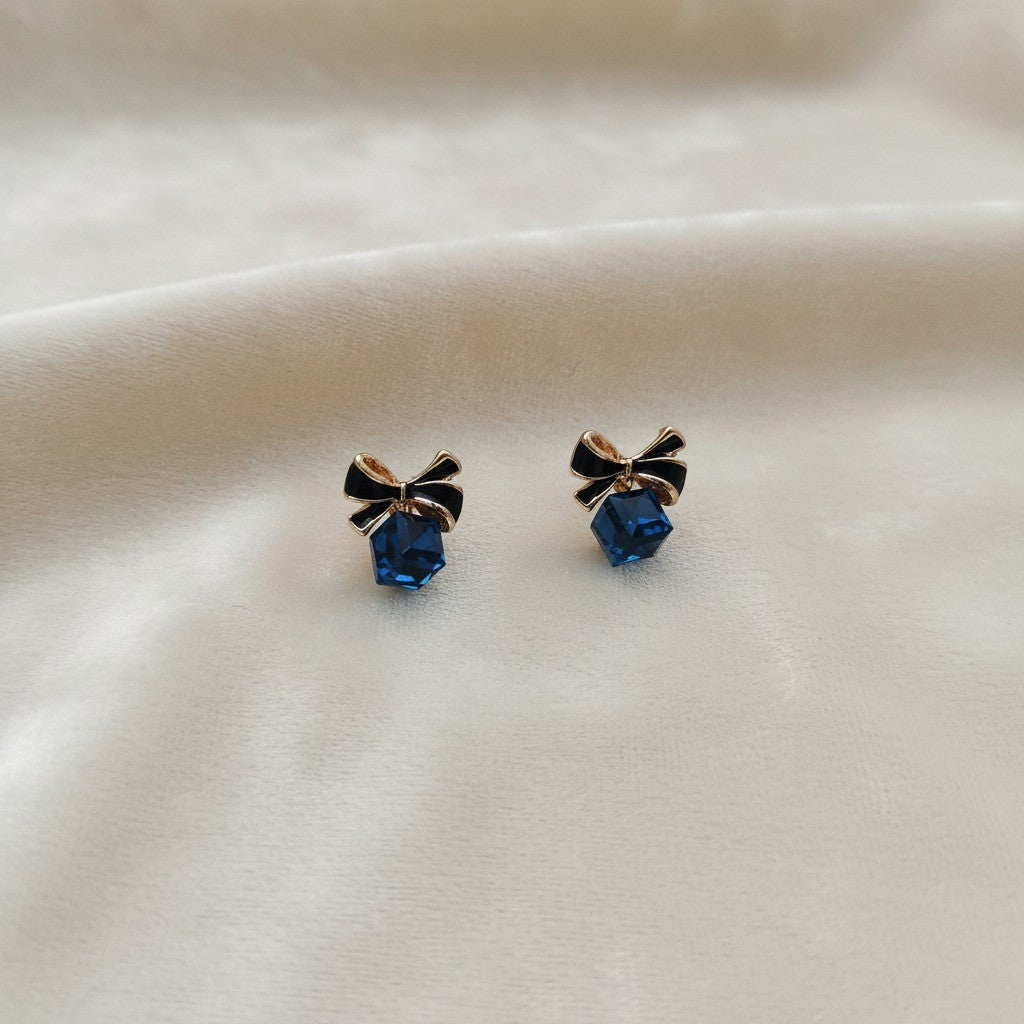 Elegant Bow & Blue Gemstone Stud Earrings – Chic Blue and Gold Accents