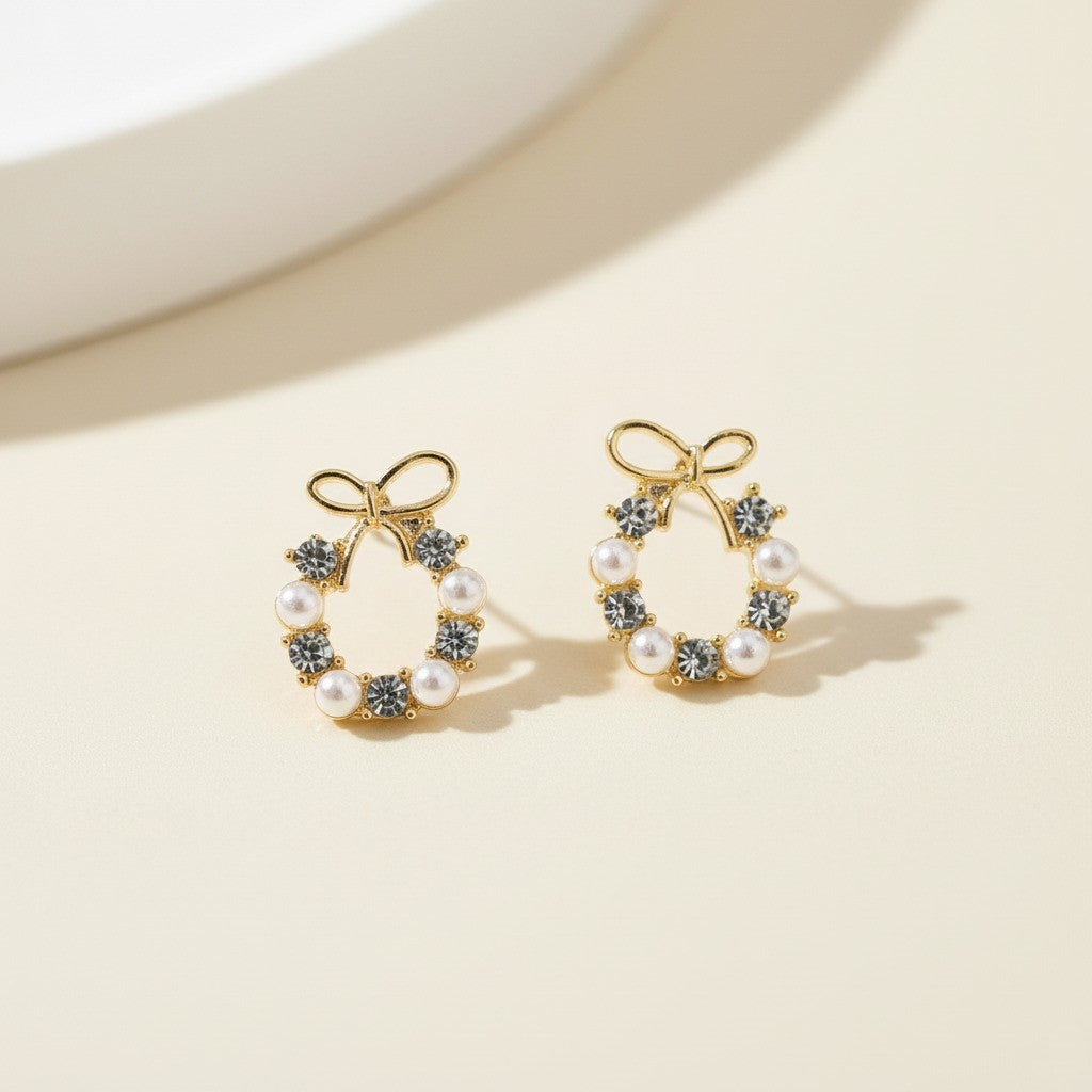 Bow Knot Pearl & Crystal Wreath Earrings – Elegant Gold-Tone Studs