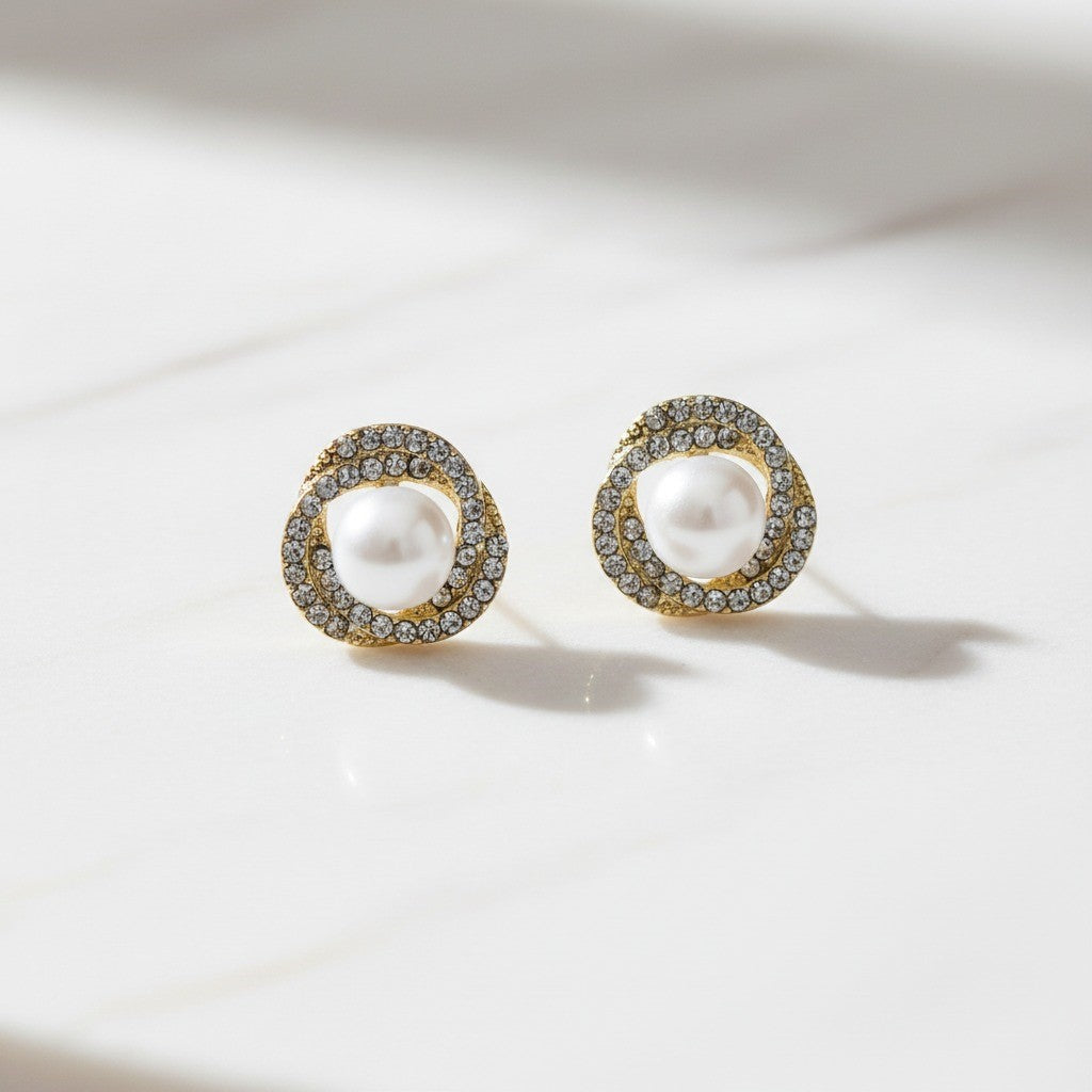 Luxury Pearl & Crystal Halo Stud Earrings – Elegant Gold-Tone Statement Jewelry