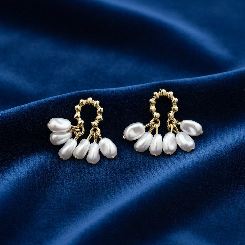 Gold Beaded Hoop Earrings with Dangling Pearl Charms – Elegant Statement Jewelry