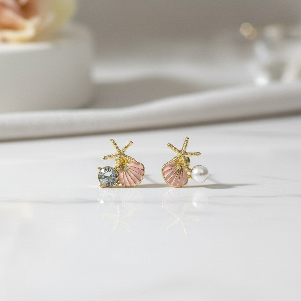 Starfish & Seashell Stud Earrings – Gold Ocean-Inspired Jewelry with Pearl & Crystal