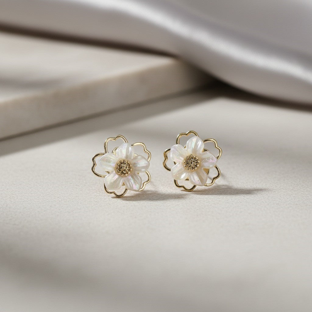 Pearl Flower Stud Earrings – Elegant Gold & White Blossom Design