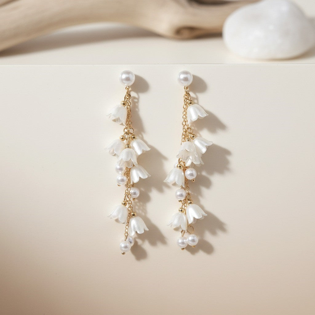 Floral Cascade Pearl Drop Earrings – Elegant Gold-Tone Dangle Jewelry