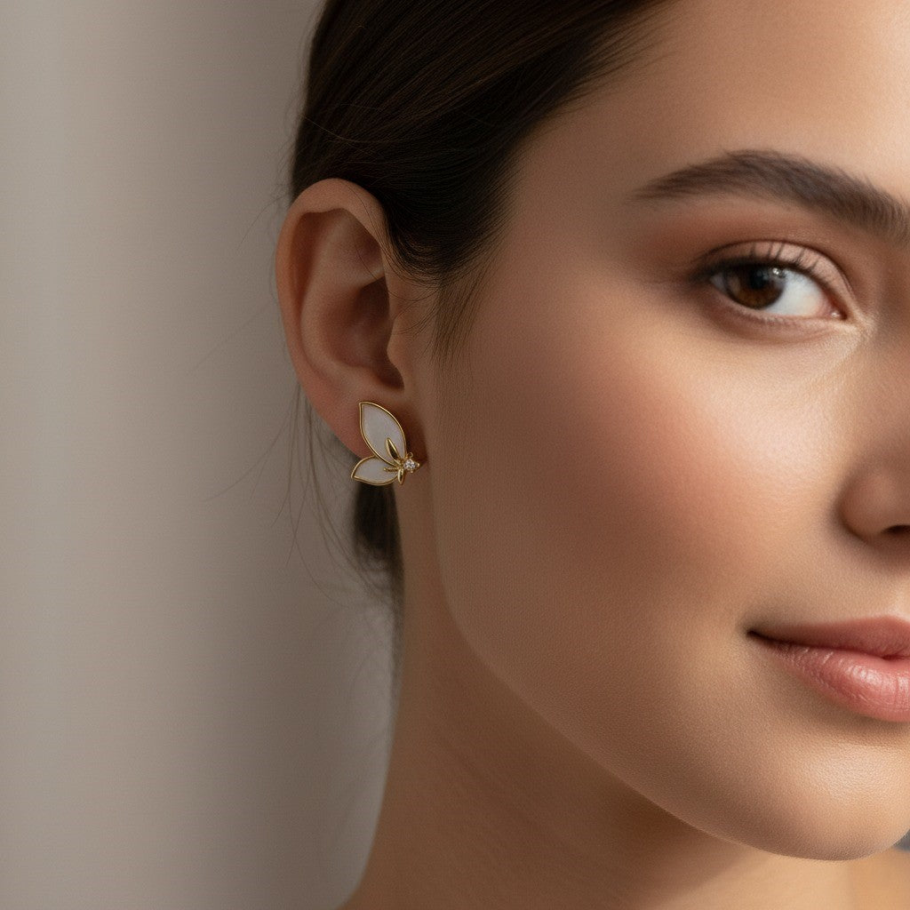 Elegant Butterfly Stud Earrings – Gold & White Enamel with Crystal Accent