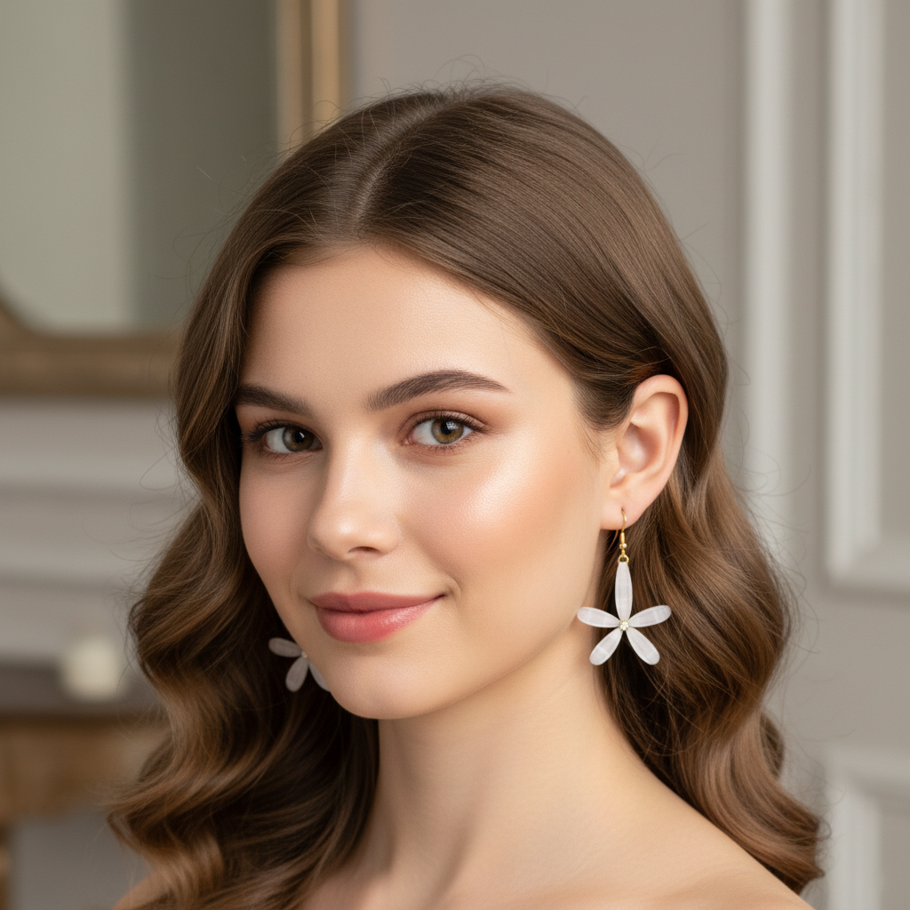 White Petal Flower Drop Earrings – Elegant Floral Statement Jewelry