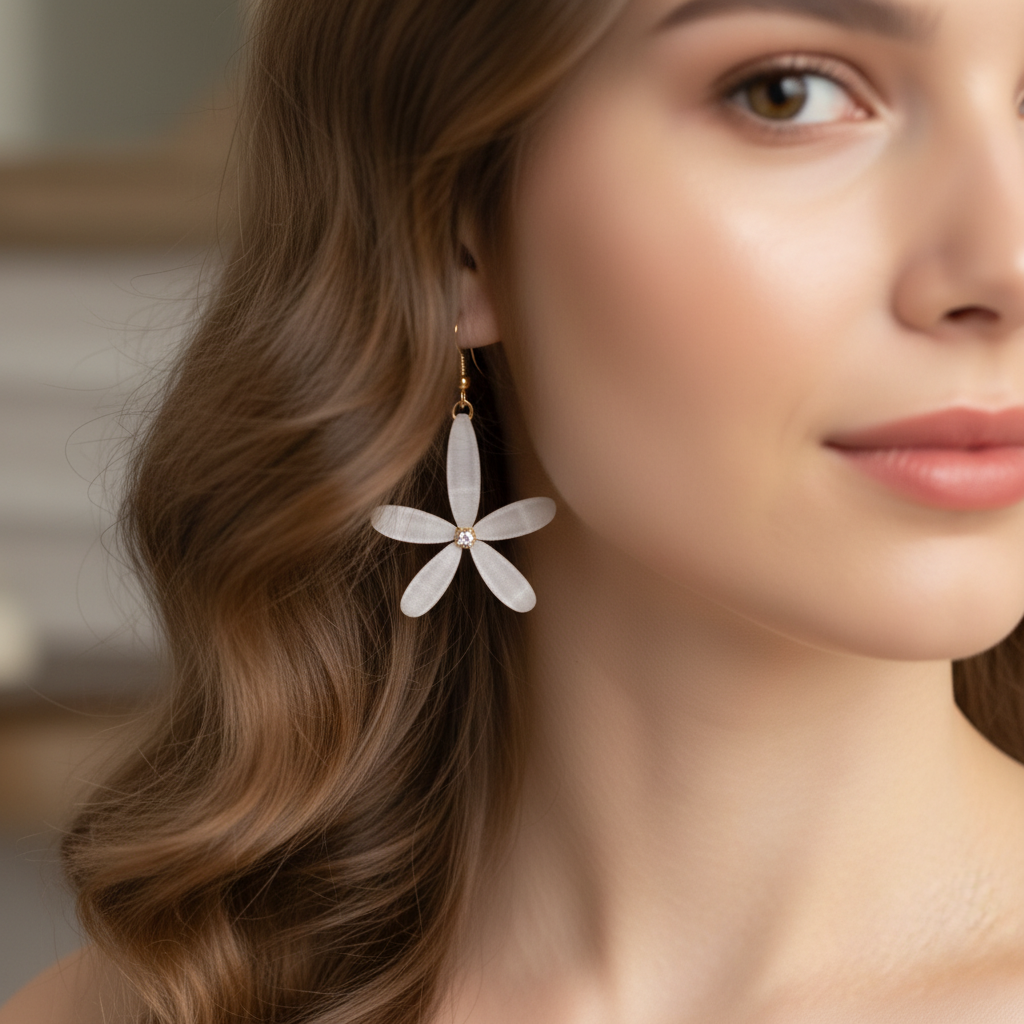 White Petal Flower Drop Earrings – Elegant Floral Statement Jewelry