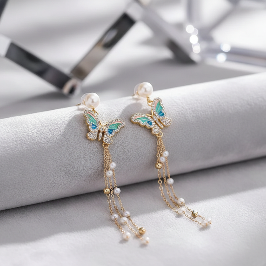 Butterfly Pearl Chain Dangle Earrings – Elegant Gold-Tone Enamel Jewelry