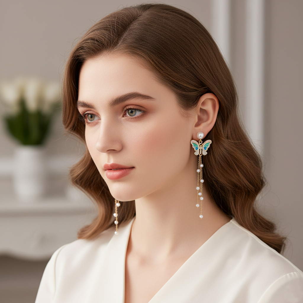 Butterfly Pearl Chain Dangle Earrings – Elegant Gold-Tone Enamel Jewelry