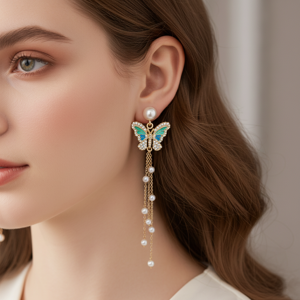 Butterfly Pearl Chain Dangle Earrings – Elegant Gold-Tone Enamel Jewelry