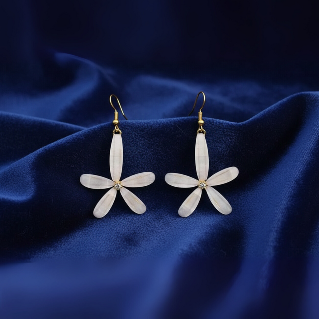 White Petal Flower Drop Earrings – Elegant Floral Statement Jewelry