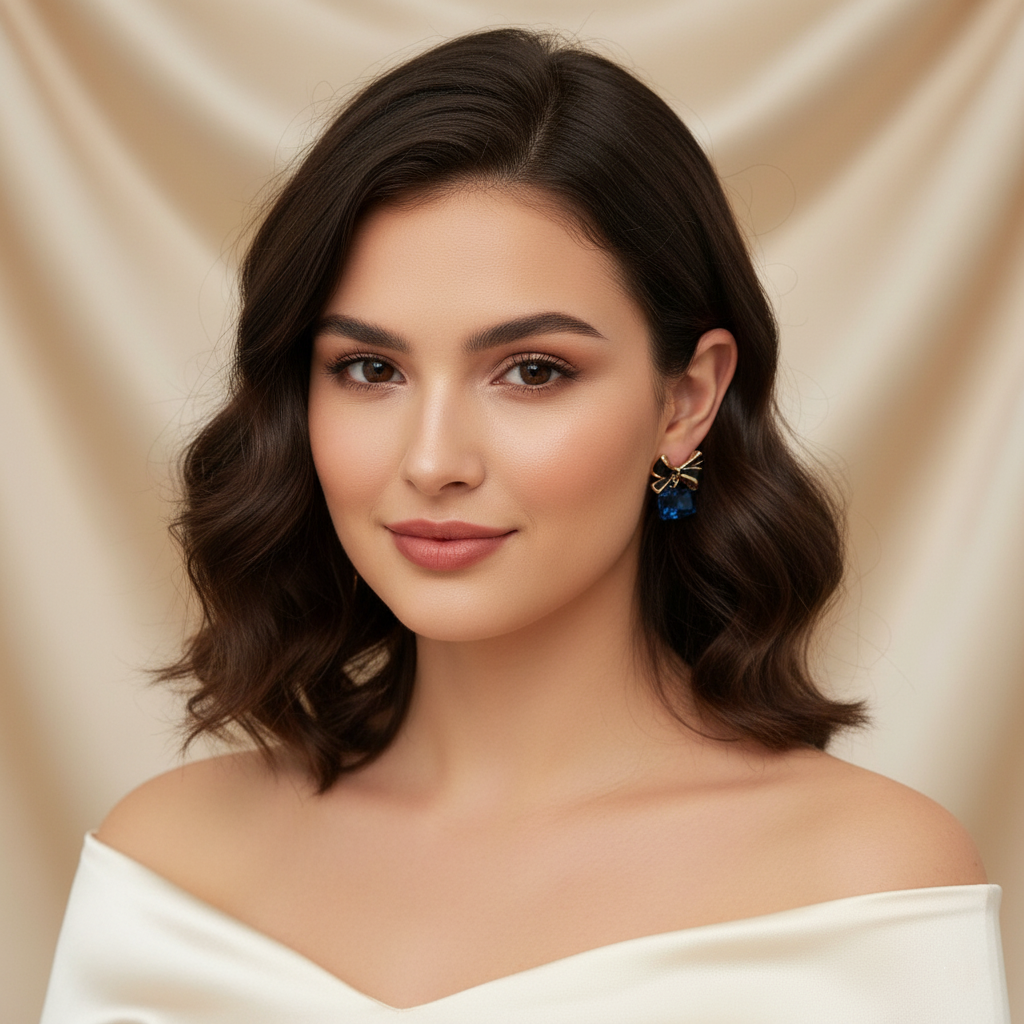 Elegant Bow & Blue Gemstone Stud Earrings – Chic Blue and Gold Accents