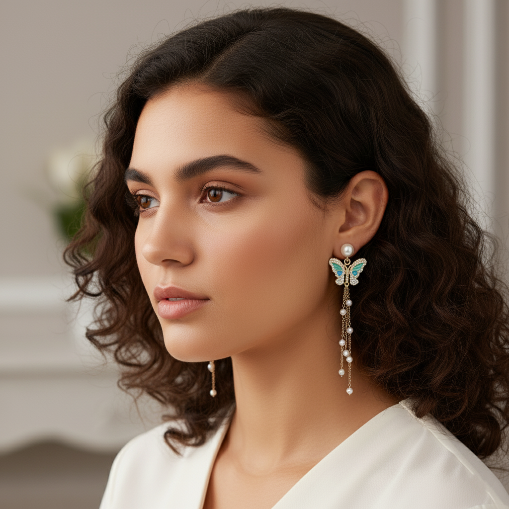 Butterfly Pearl Chain Dangle Earrings – Elegant Gold-Tone Enamel Jewelry
