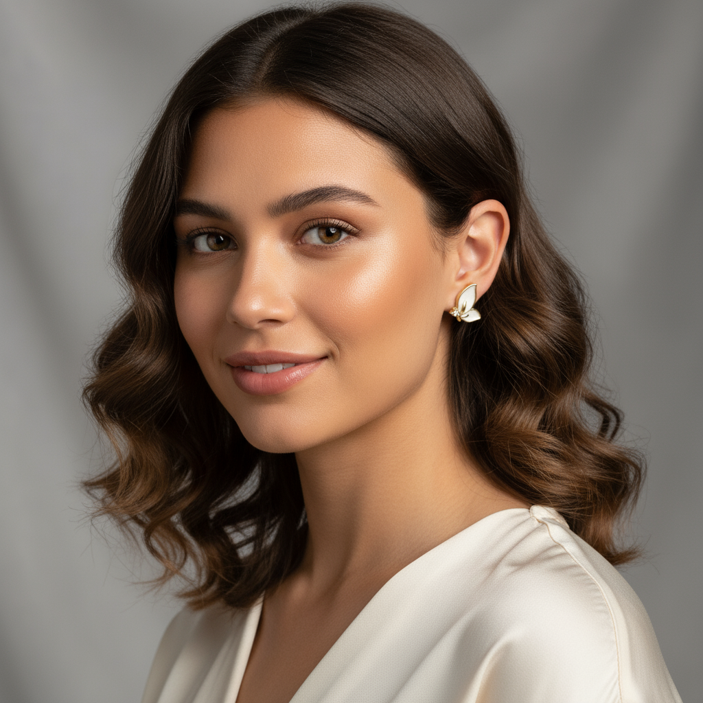 Elegant Butterfly Stud Earrings – Gold & White Enamel with Crystal Accent