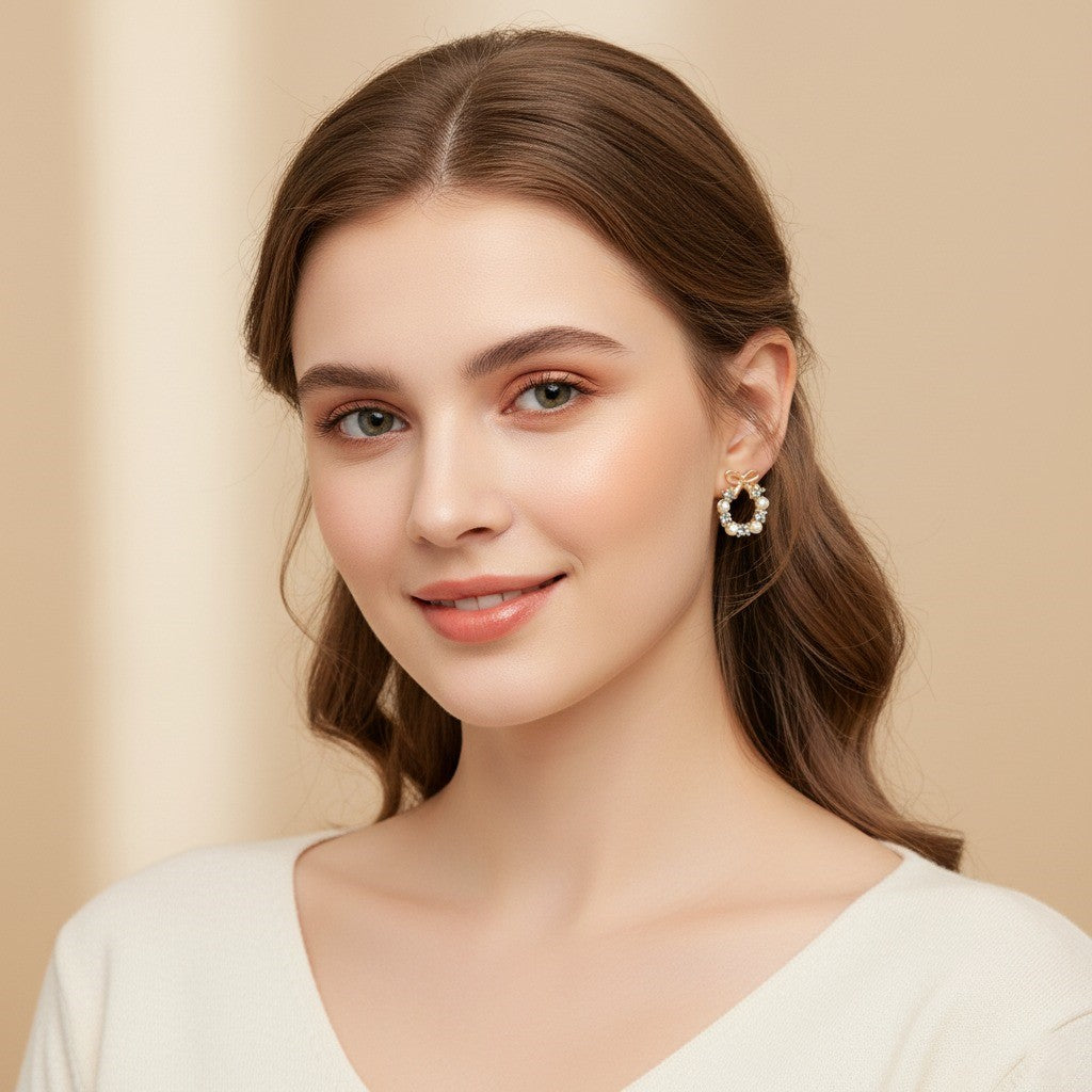 Bow Knot Pearl & Crystal Wreath Earrings – Elegant Gold-Tone Studs