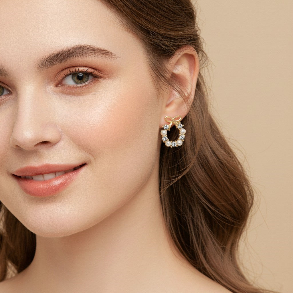 Bow Knot Pearl & Crystal Wreath Earrings – Elegant Gold-Tone Studs