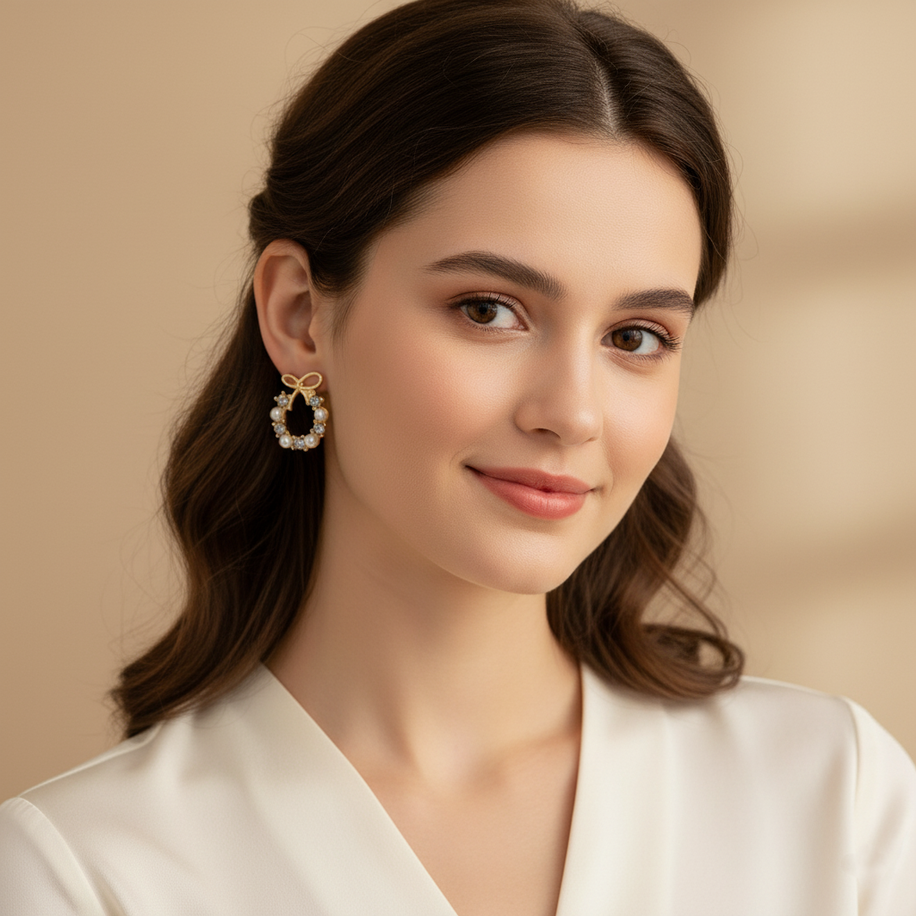 Bow Knot Pearl & Crystal Wreath Earrings – Elegant Gold-Tone Studs