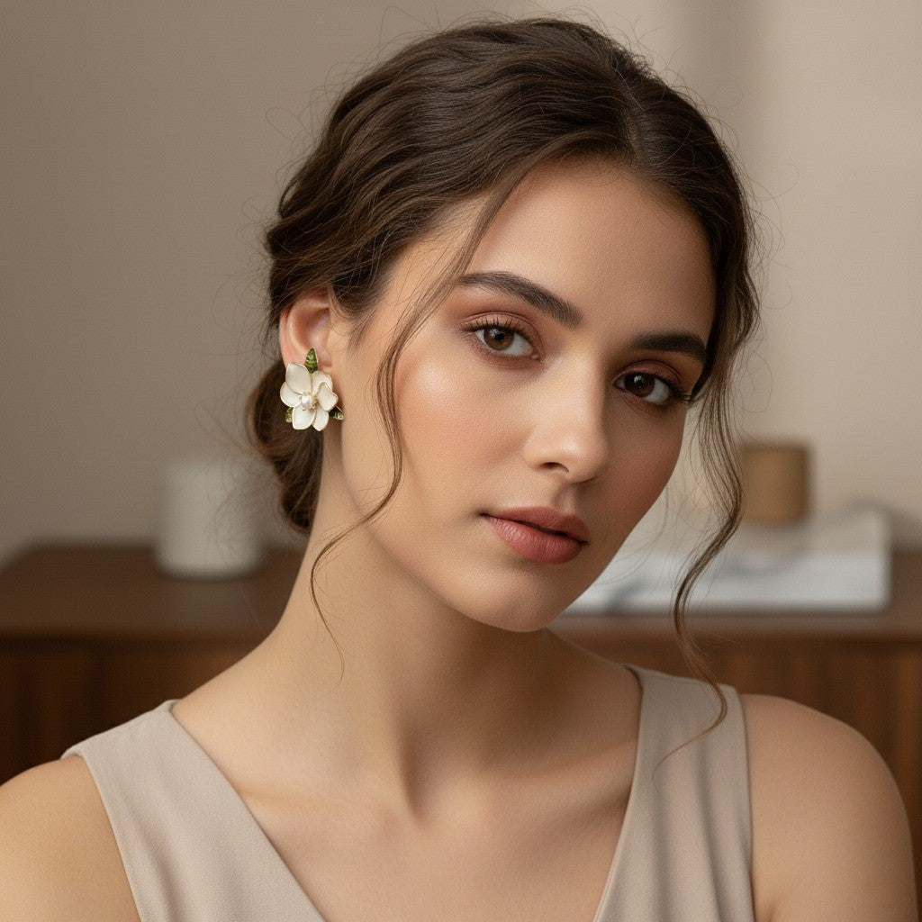 Elegant Floral Pearl Stud Earrings – White Enamel Flower with Green Leaf Accents