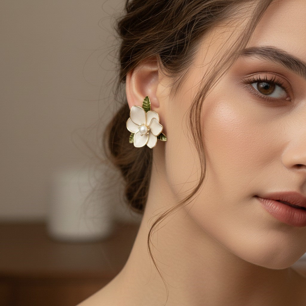 Elegant Floral Pearl Stud Earrings – White Enamel Flower with Green Leaf Accents