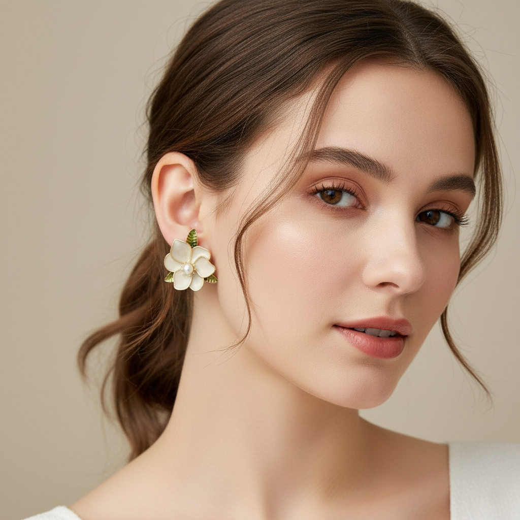 Elegant Floral Pearl Stud Earrings – White Enamel Flower with Green Leaf Accents