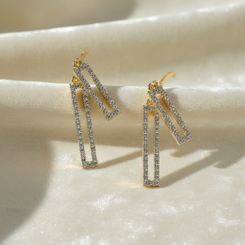Geometric Crystal Dangle Earrings – Modern Gold-Tone Statement Jewelry