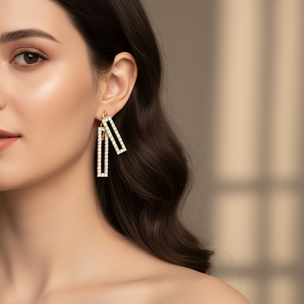 Geometric Crystal Dangle Earrings – Modern Gold-Tone Statement Jewelry