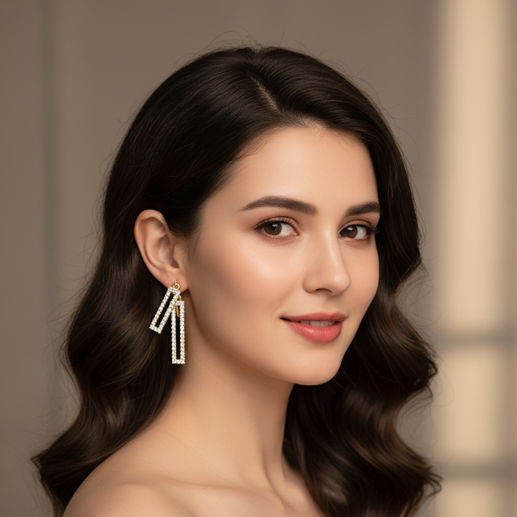 Geometric Crystal Dangle Earrings – Modern Gold-Tone Statement Jewelry