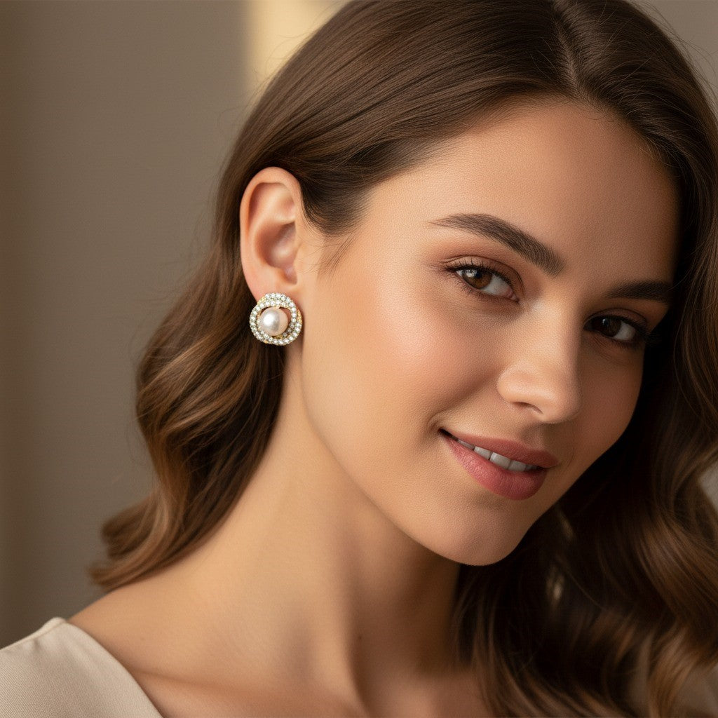 Luxury Pearl & Crystal Halo Stud Earrings – Elegant Gold-Tone Statement Jewelry