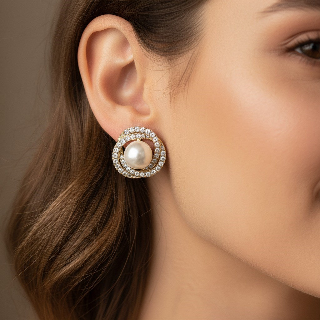 Luxury Pearl & Crystal Halo Stud Earrings – Elegant Gold-Tone Statement Jewelry