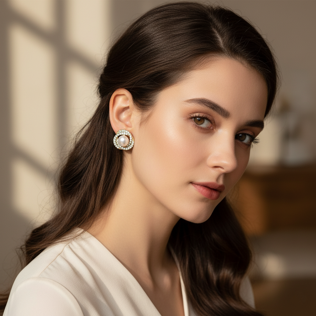 Luxury Pearl & Crystal Halo Stud Earrings – Elegant Gold-Tone Statement Jewelry