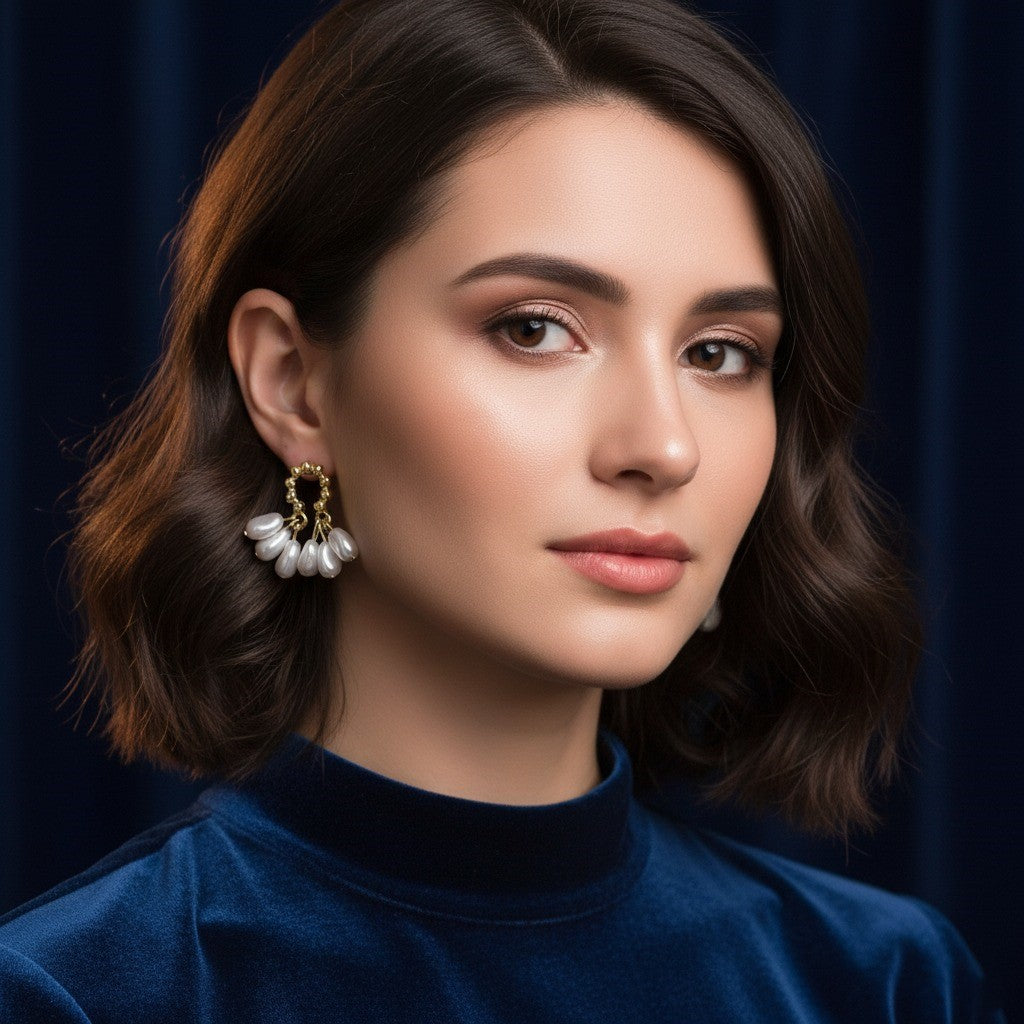 Gold Beaded Hoop Earrings with Dangling Pearl Charms – Elegant Statement Jewelry