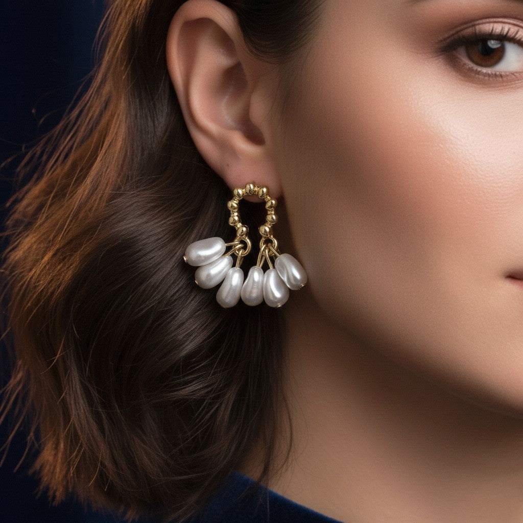 Gold Beaded Hoop Earrings with Dangling Pearl Charms – Elegant Statement Jewelry