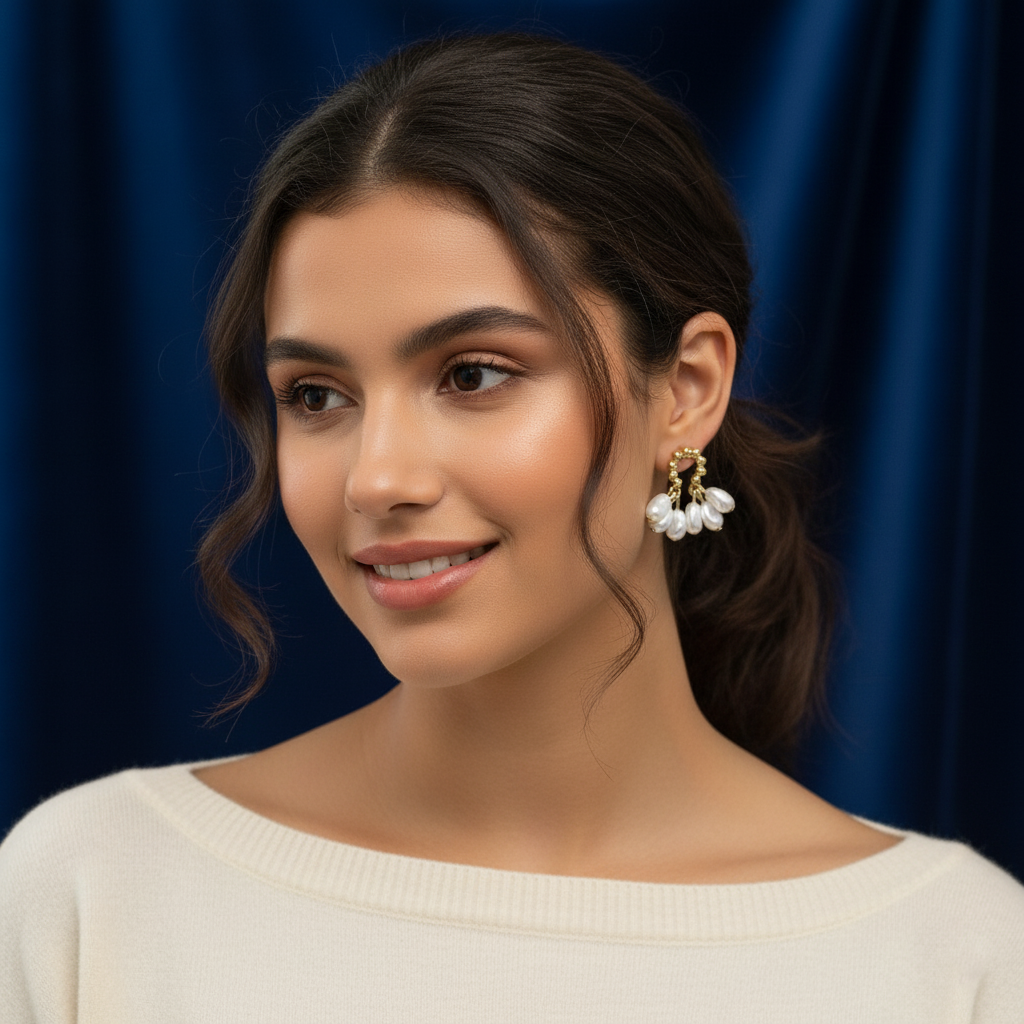Gold Beaded Hoop Earrings with Dangling Pearl Charms – Elegant Statement Jewelry