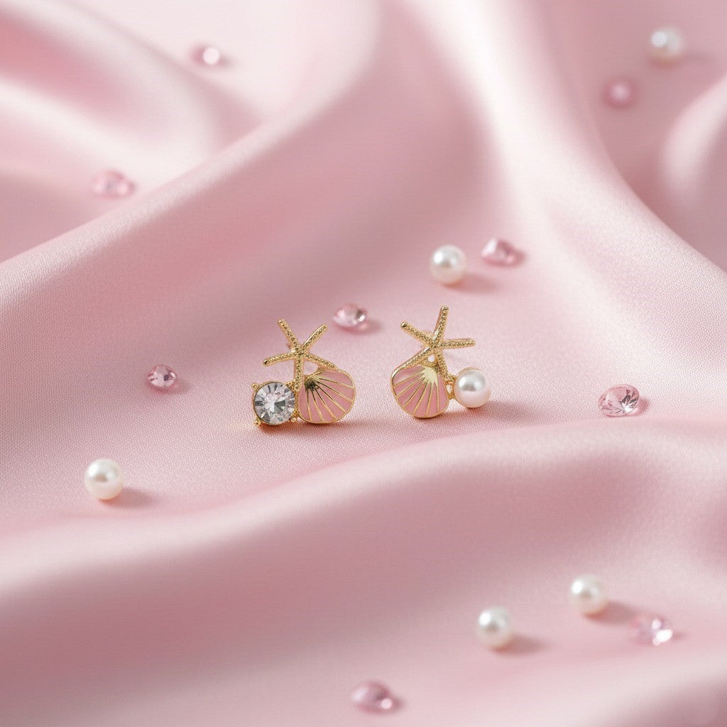 Starfish & Seashell Stud Earrings – Gold Ocean-Inspired Jewelry with Pearl & Crystal