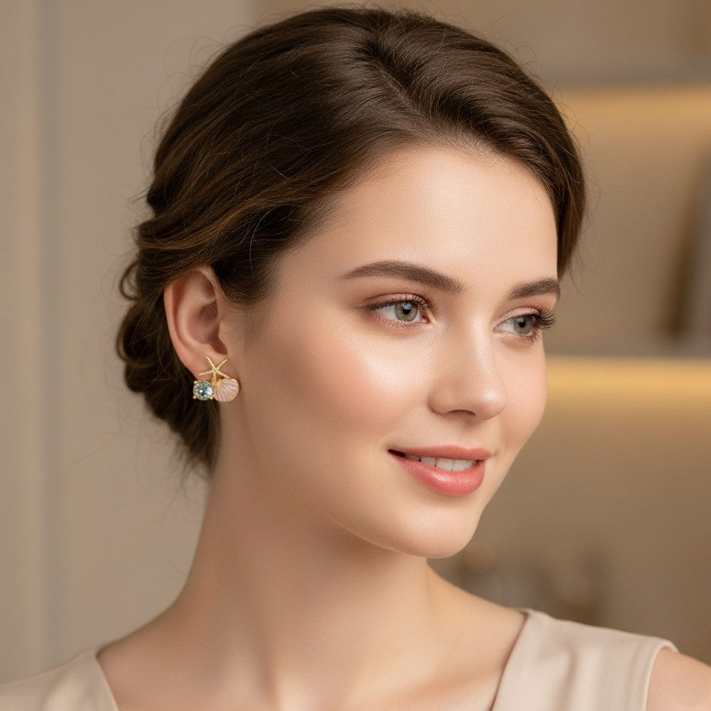 Starfish & Seashell Stud Earrings – Gold Ocean-Inspired Jewelry with Pearl & Crystal
