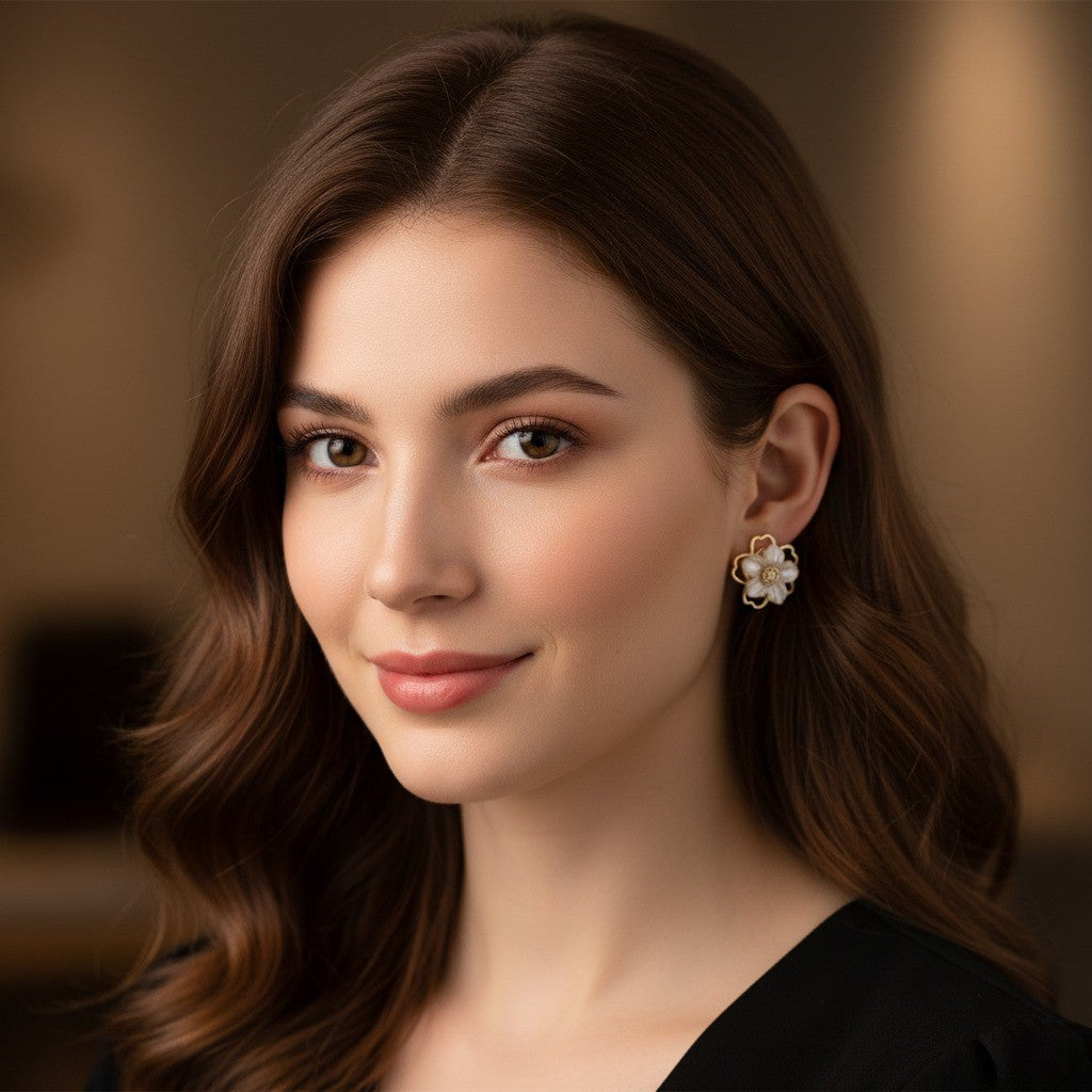 Pearl Flower Stud Earrings – Elegant Gold & White Blossom Design