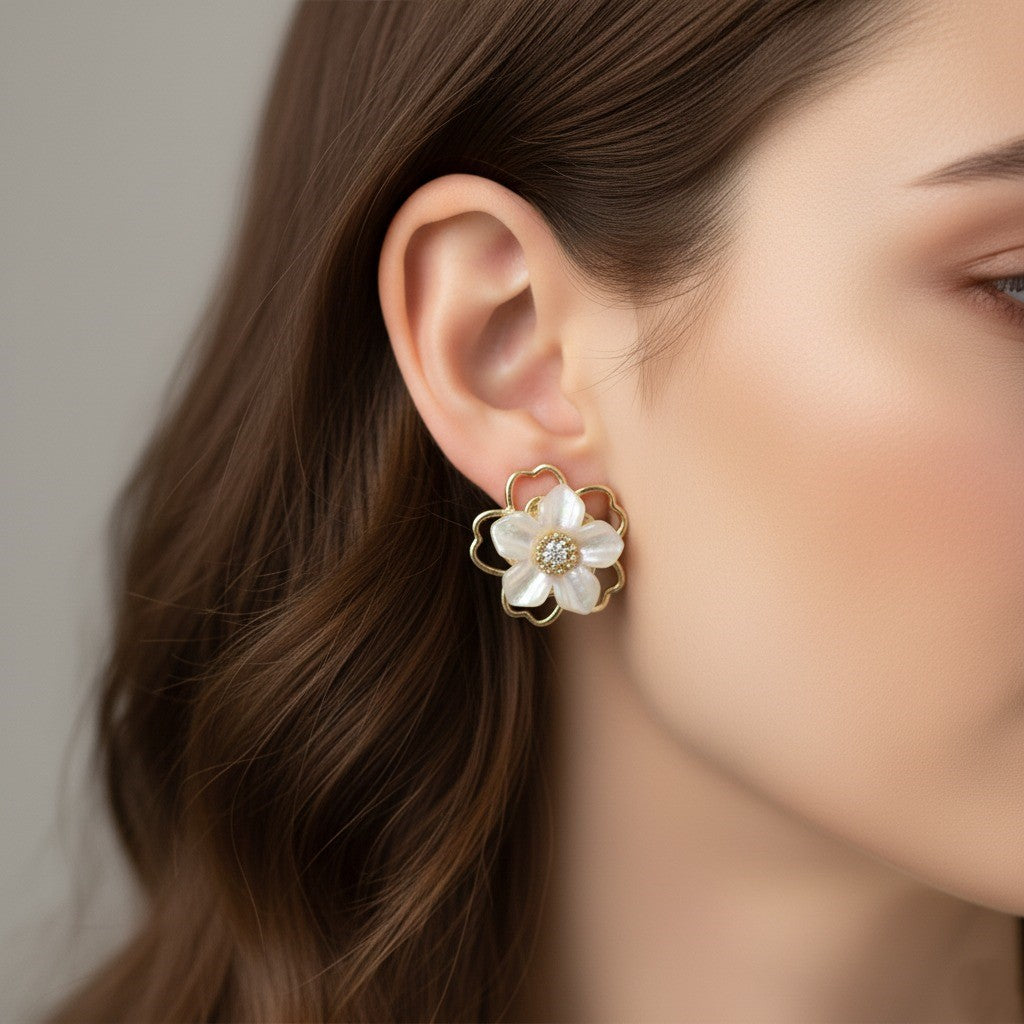 Pearl Flower Stud Earrings – Elegant Gold & White Blossom Design