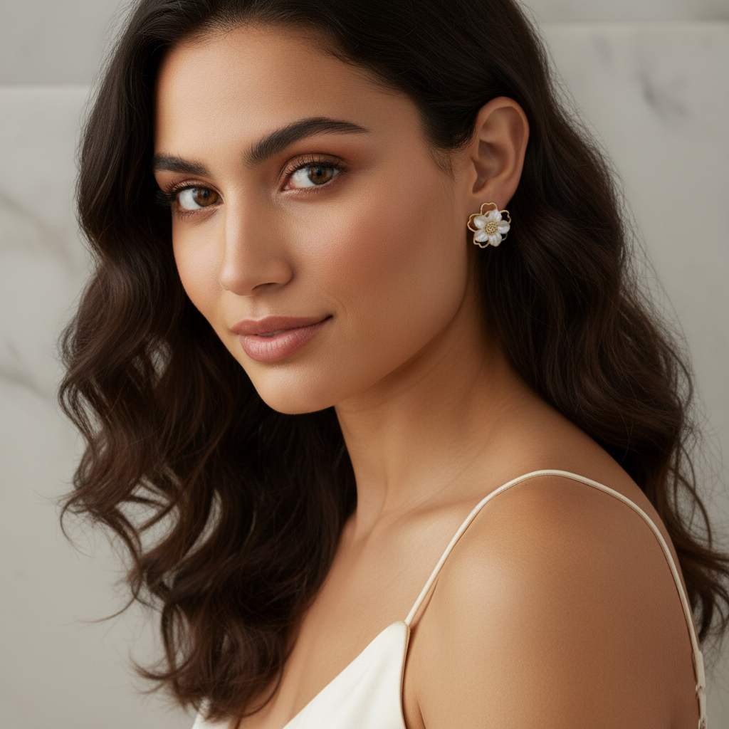 Pearl Flower Stud Earrings – Elegant Gold & White Blossom Design
