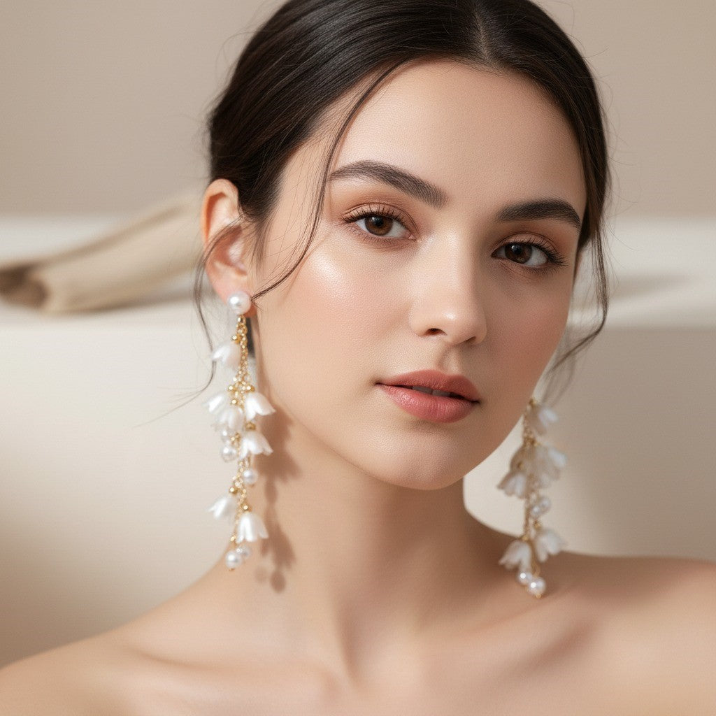 Floral Cascade Pearl Drop Earrings – Elegant Gold-Tone Dangle Jewelry