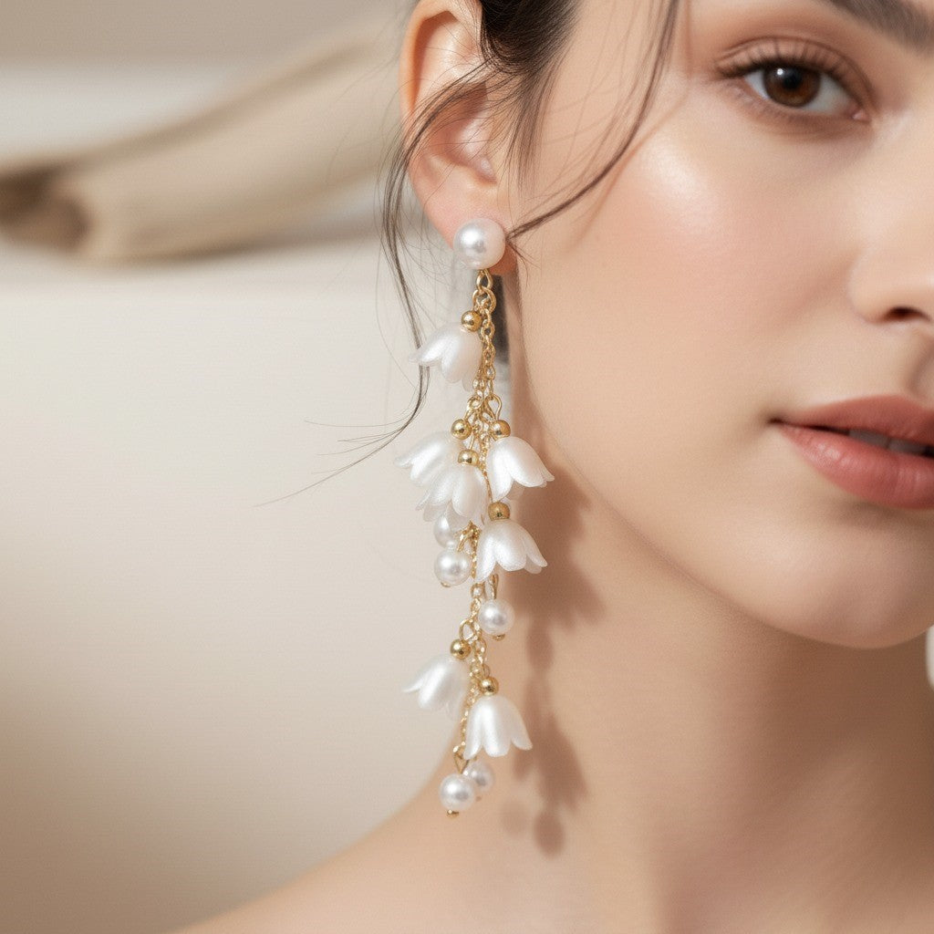 Floral Cascade Pearl Drop Earrings – Elegant Gold-Tone Dangle Jewelry