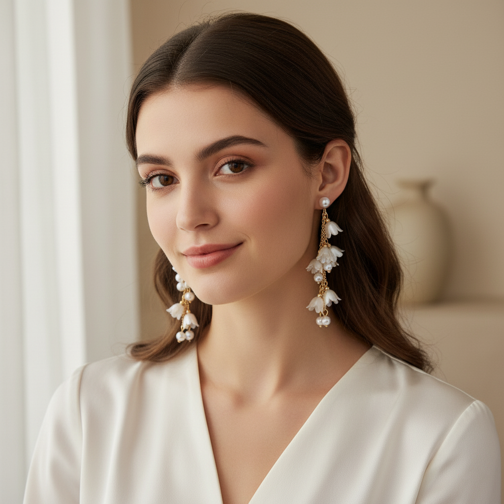 Floral Cascade Pearl Drop Earrings – Elegant Gold-Tone Dangle Jewelry